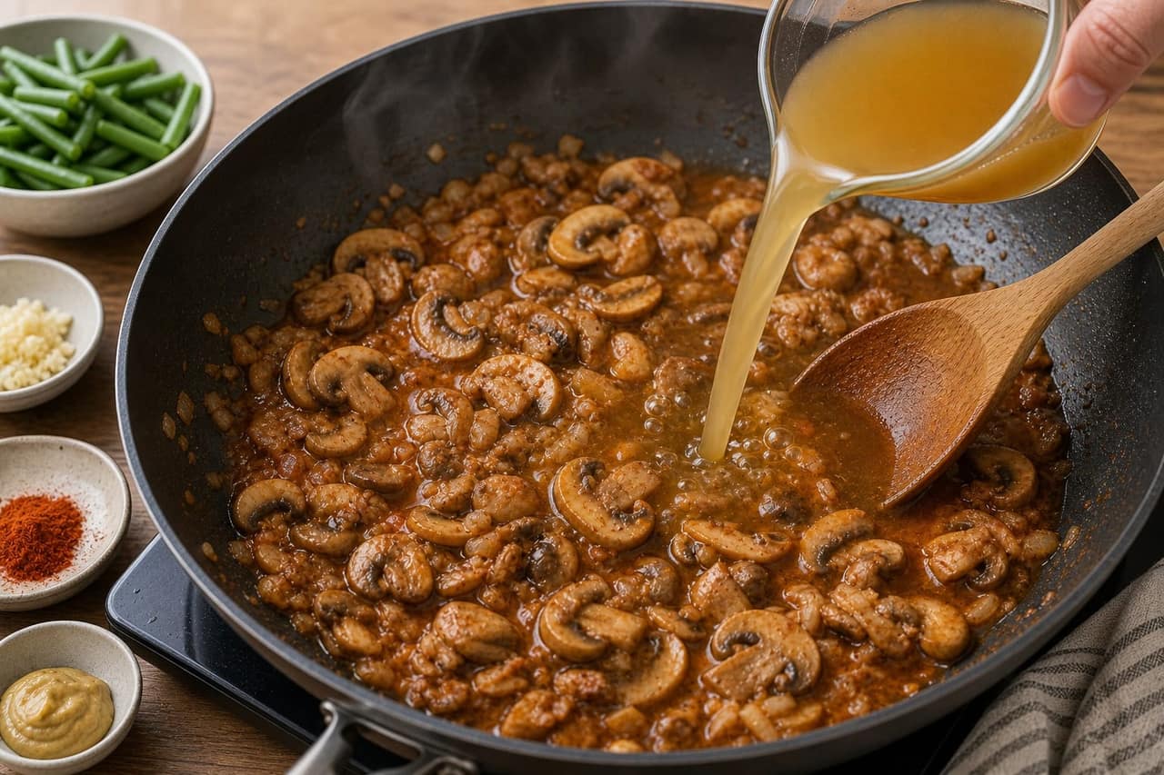 Creamy Mushroom Stroganoff Gnocchi with Green Beans cooking step 4: Build the sauce.