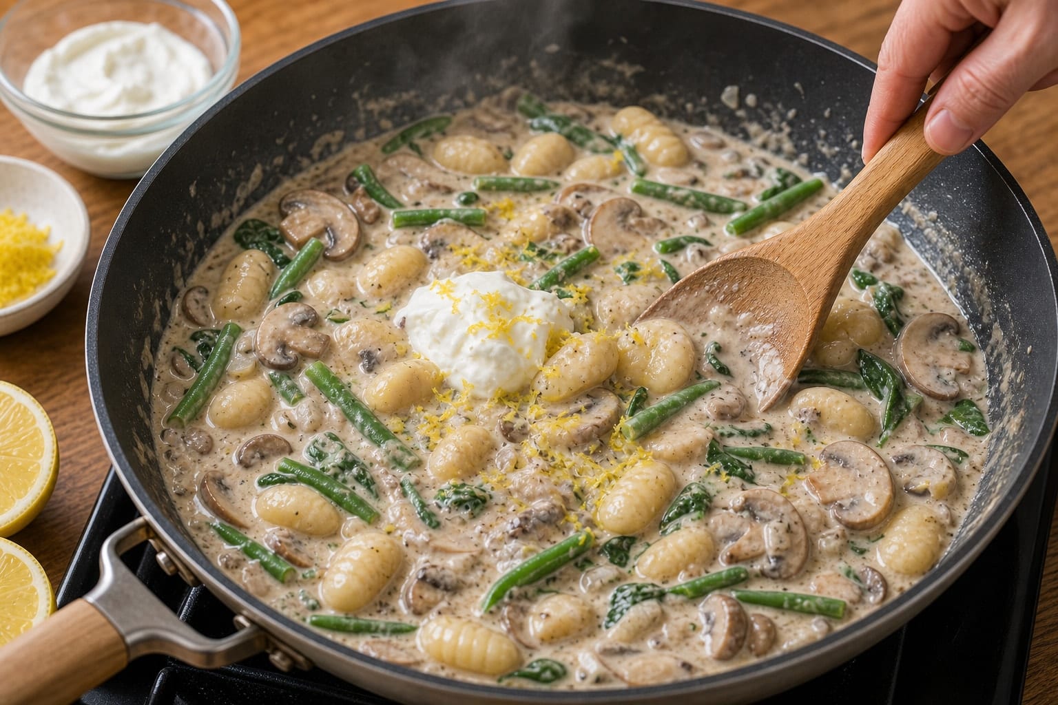 Creamy Mushroom Stroganoff Gnocchi with Green Beans cooking step 5: Make it creamy.