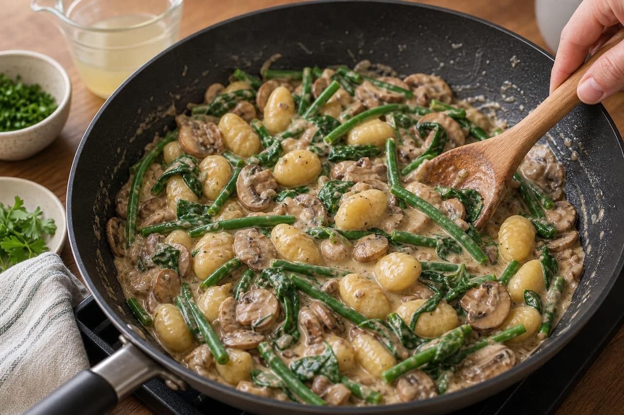 Creamy Mushroom Stroganoff Gnocchi with Green Beans cooking step 6: Fold in gnocchi and spinach.