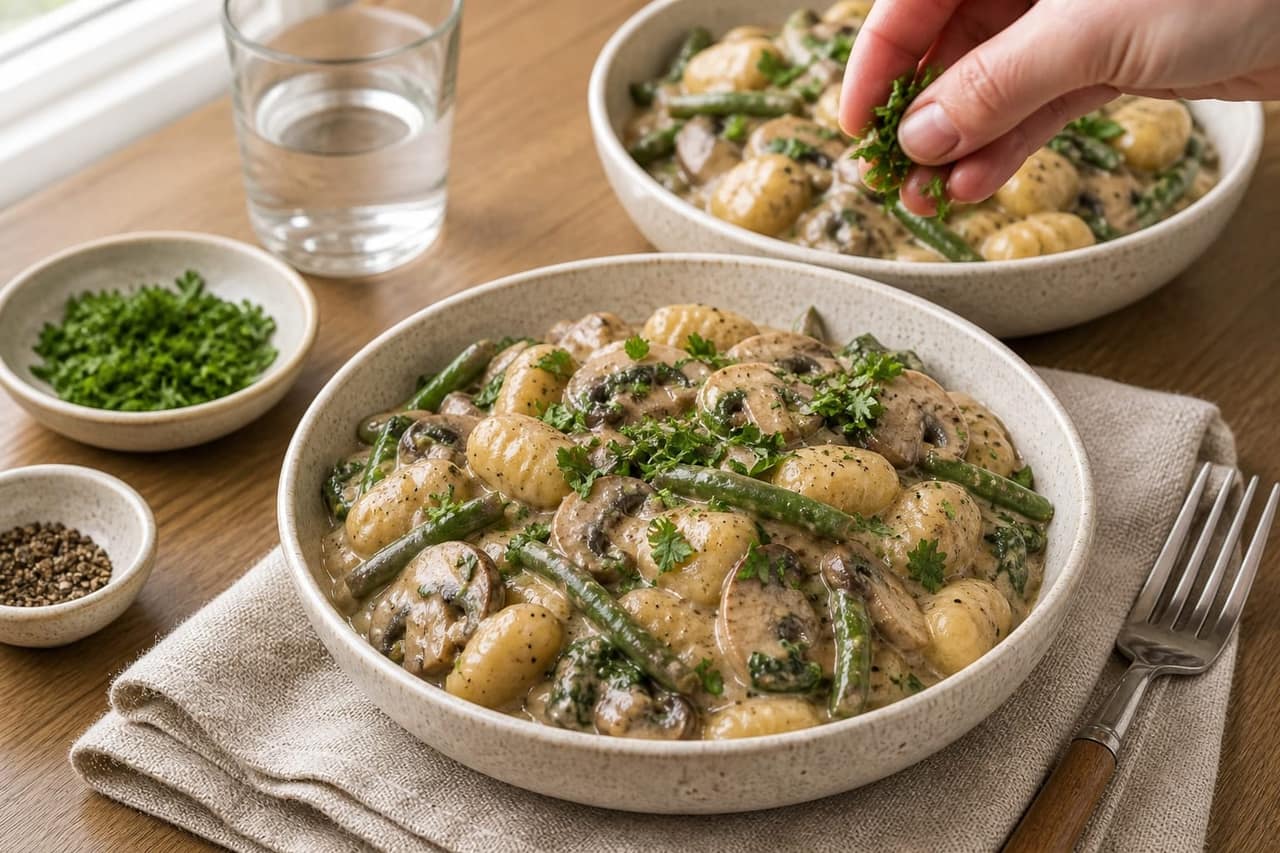 Creamy Mushroom Stroganoff Gnocchi with Green Beans cooking step 7: Serve with parsley.