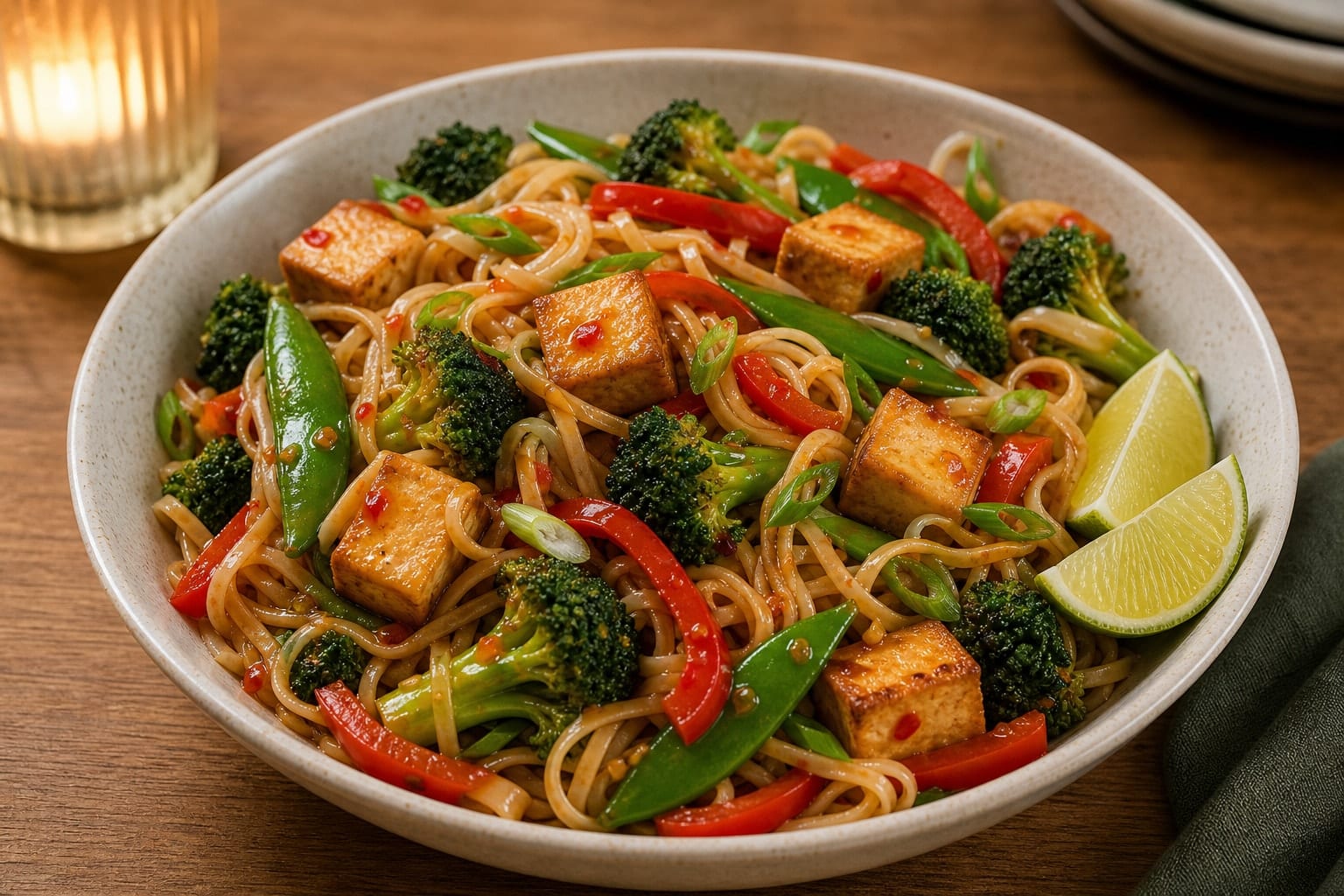 Ginger Tofu Rice Noodle Stir Fry with Broccoli plated and ready to serve.