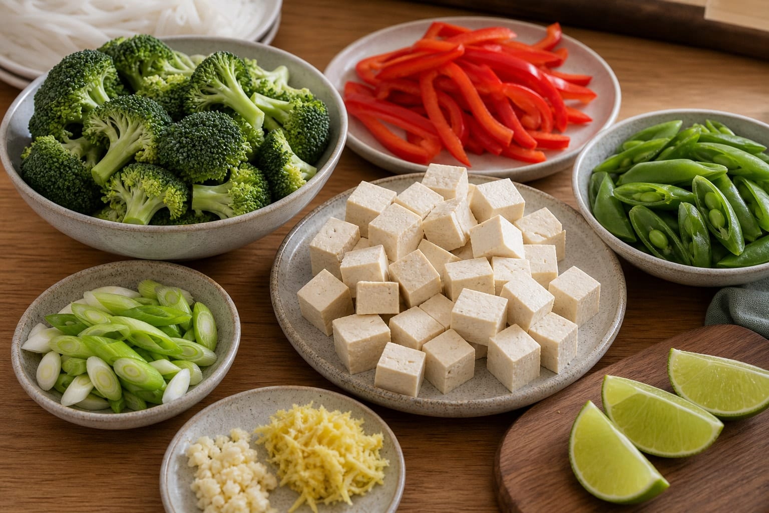 Ginger Tofu Rice Noodle Stir Fry with Broccoli cooking step 1: Prepare the stir-fry ingredients.