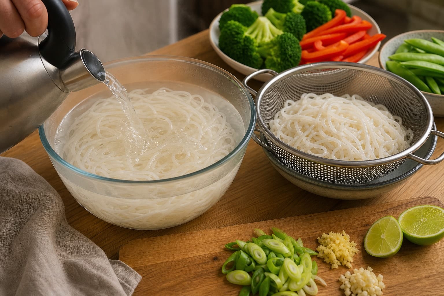Ginger Tofu Rice Noodle Stir Fry with Broccoli cooking step 2: Soak the noodles.