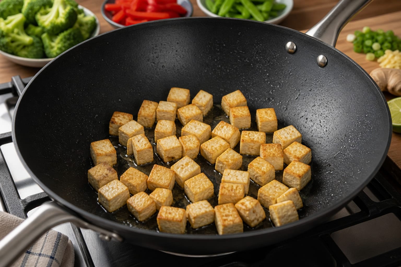 Ginger Tofu Rice Noodle Stir Fry with Broccoli cooking step 3: Brown the tofu.