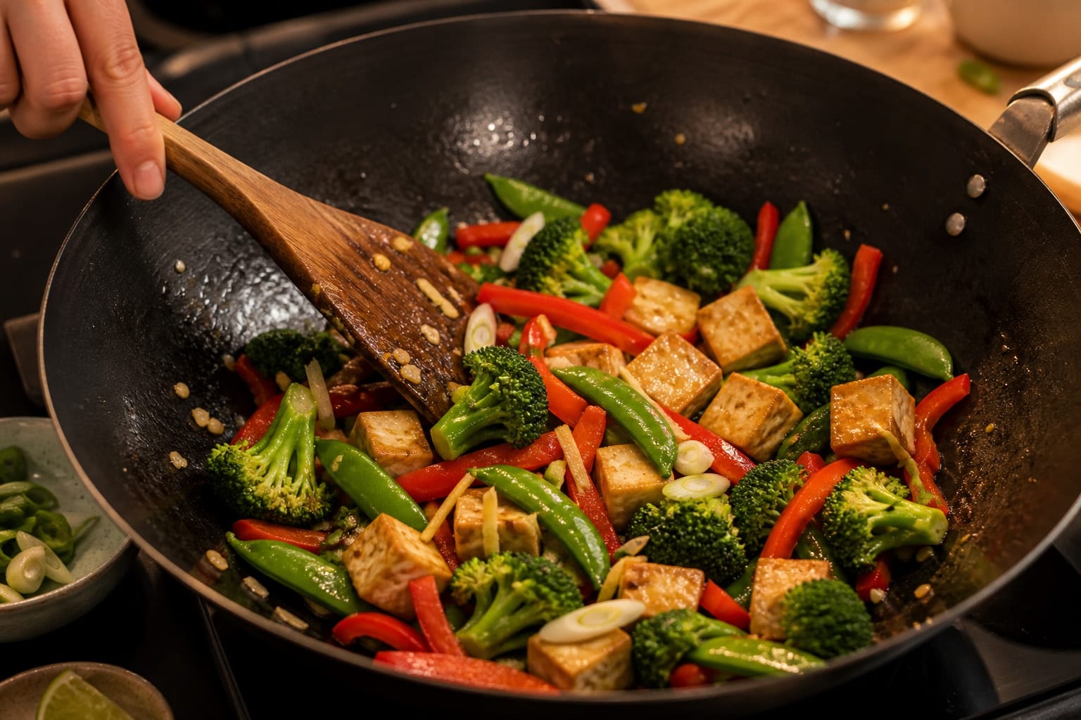 Ginger Tofu Rice Noodle Stir Fry with Broccoli cooking step 4: Stir-fry the vegetables.