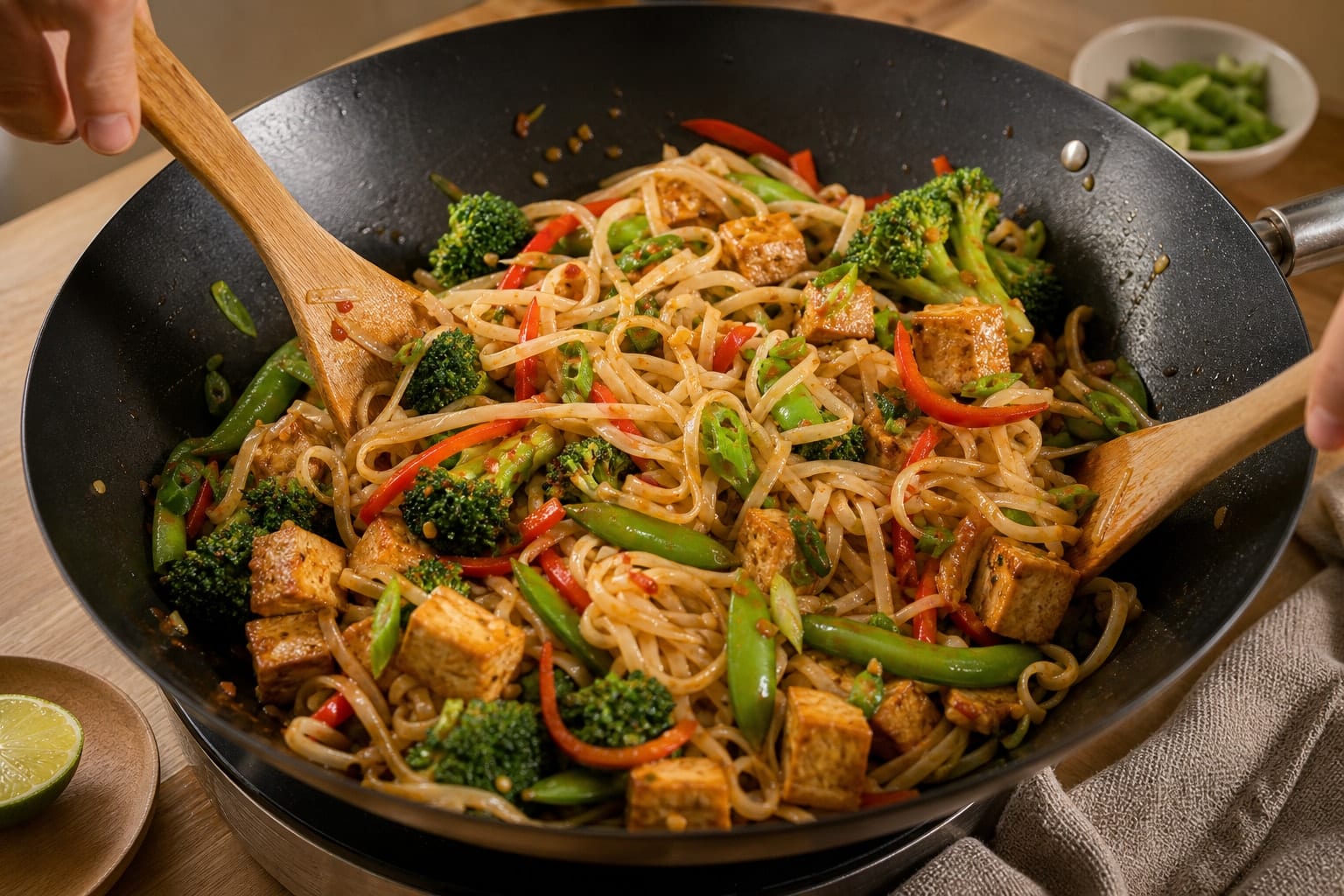 Ginger Tofu Rice Noodle Stir Fry with Broccoli cooking step 5: Add noodles and sauce.