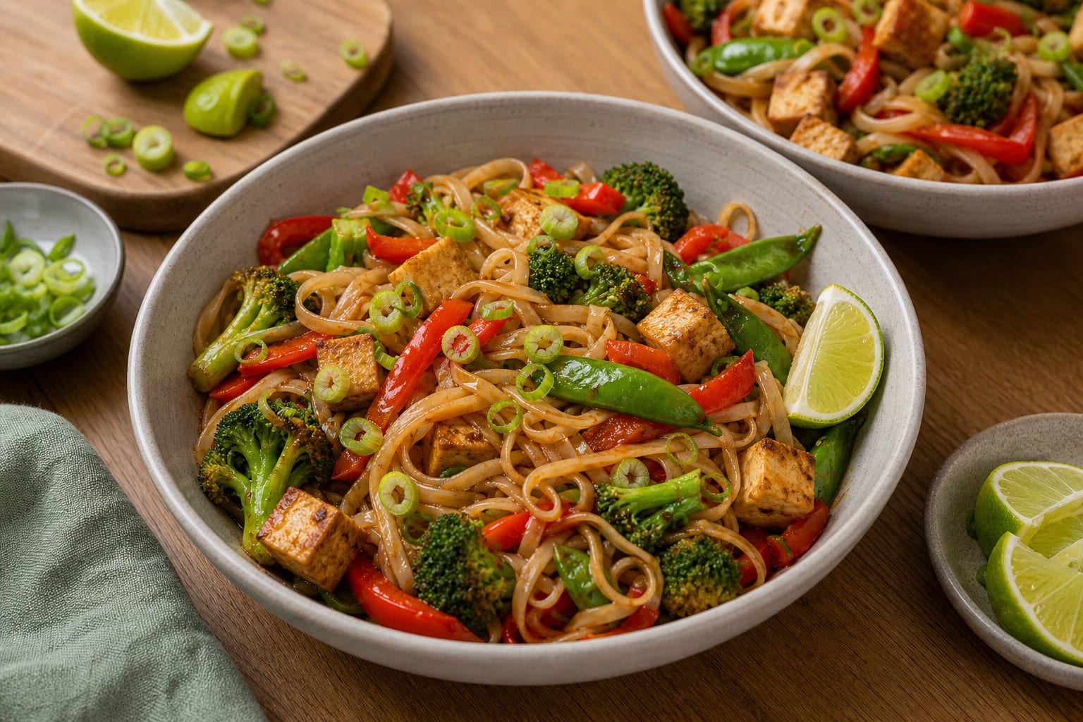 Ginger Tofu Rice Noodle Stir Fry with Broccoli cooking step 6: Serve with lime.