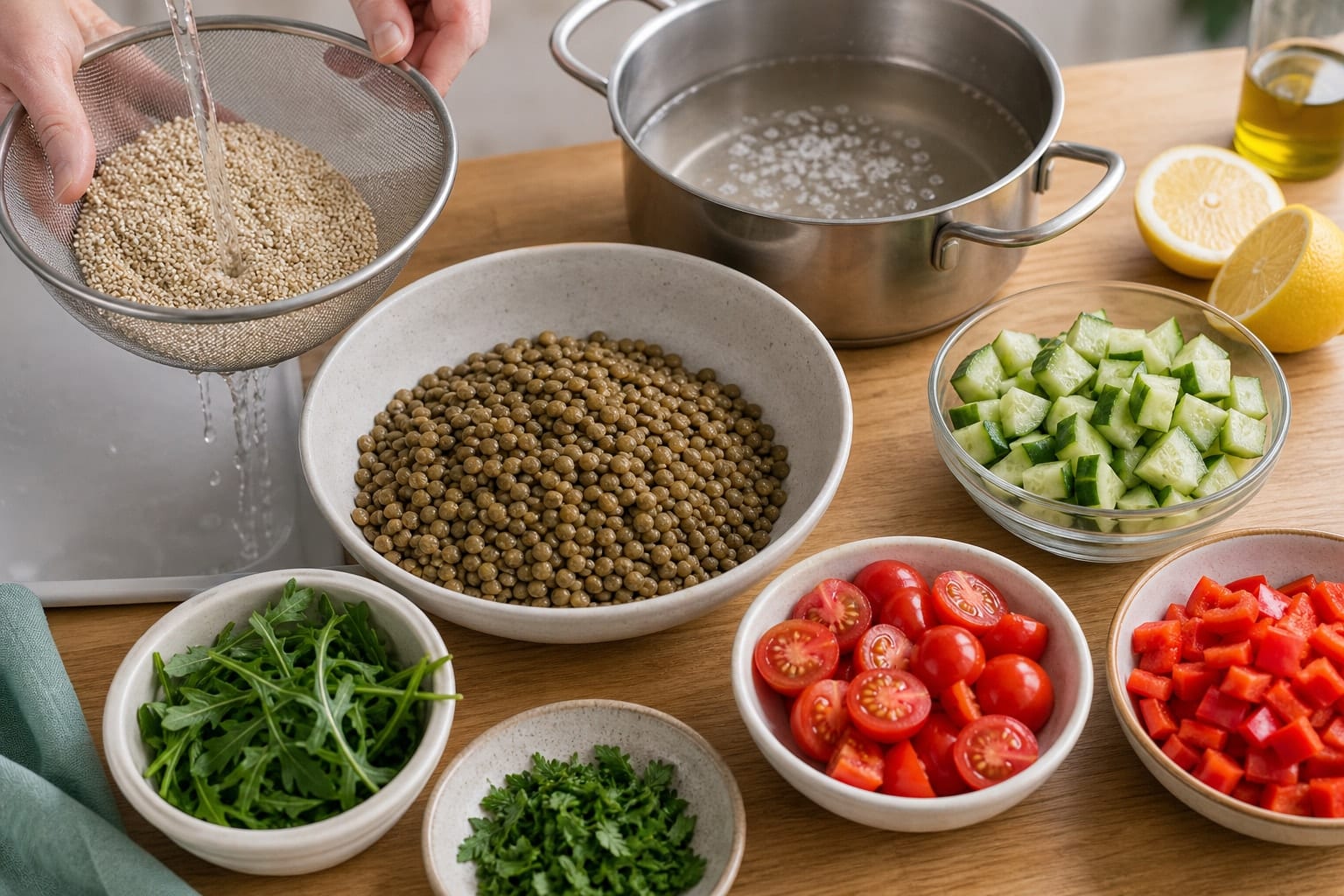Green Lentil Quinoa Salad Boxes with Lemon Mustard Dressing cooking step 1: Rinse the quinoa and lentils.