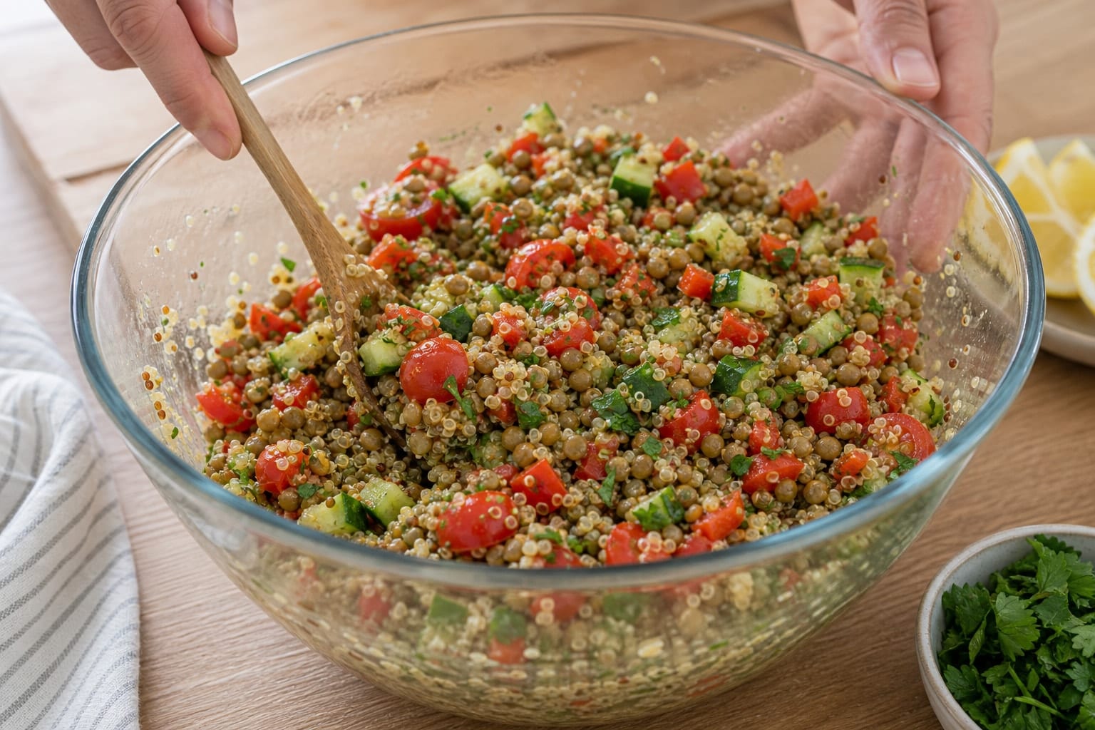 Green Lentil Quinoa Salad Boxes with Lemon Mustard Dressing cooking step 4: Fold through lentils and vegetables.