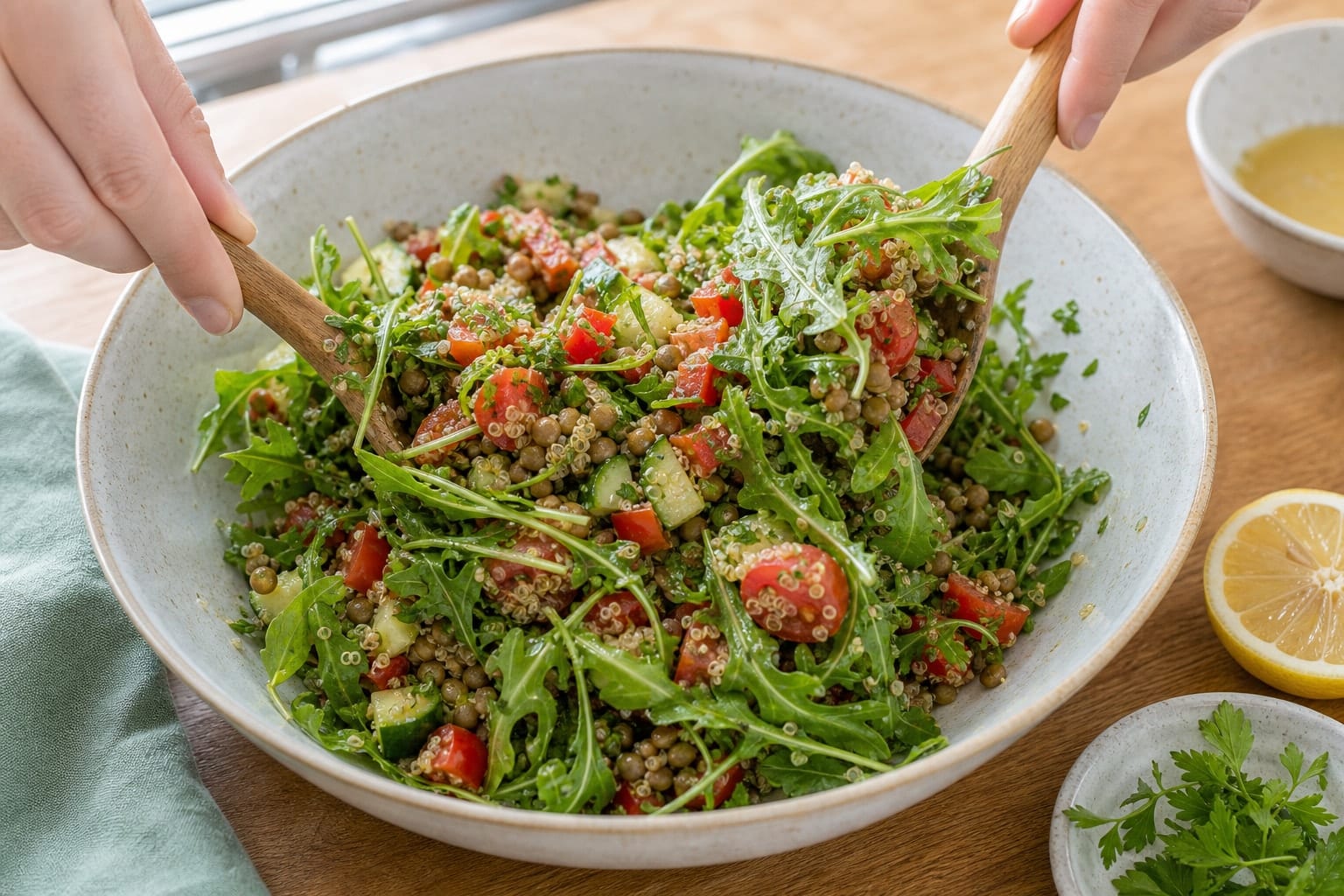 Green Lentil Quinoa Salad Boxes with Lemon Mustard Dressing cooking step 5: Add the rocket.