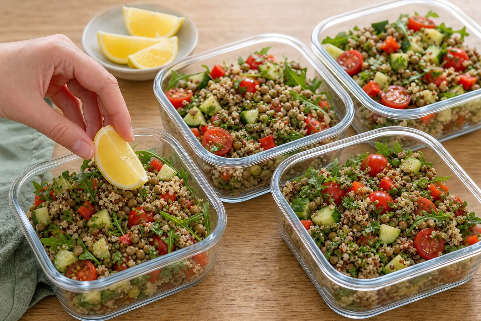 Green Lentil Quinoa Salad Boxes with Lemon Mustard Dressing cooking step 6: Pack the boxes.