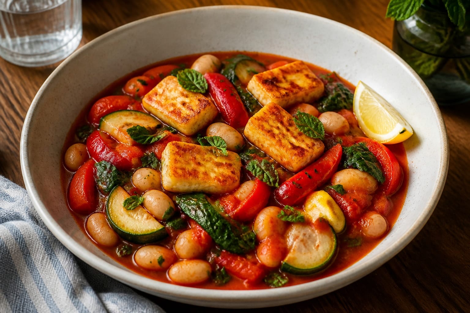 Halloumi Butter Bean Tomato Stew with Mint plated and ready to serve.