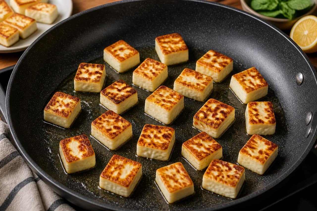 Halloumi Butter Bean Tomato Stew with Mint cooking step 2: Brown the halloumi.