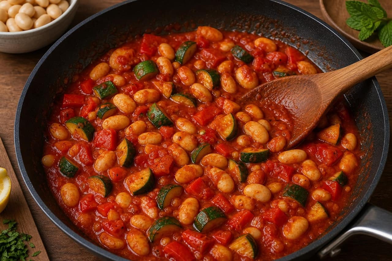 Halloumi Butter Bean Tomato Stew with Mint cooking step 4: Simmer the beans.