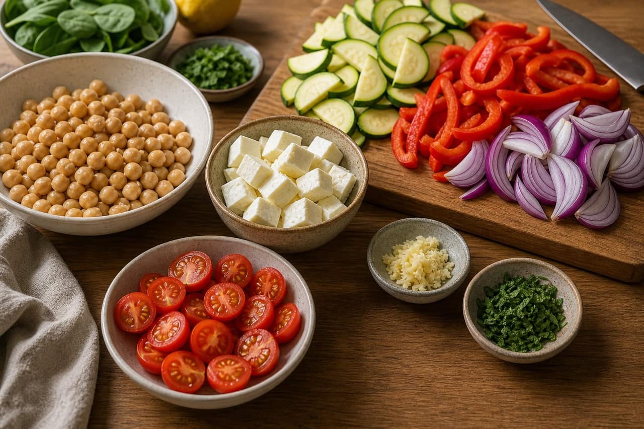 Golden Halloumi Chickpea Traybake with Lemon Couscous cooking step 1: Prepare the traybake.