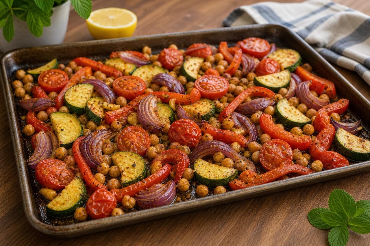 Golden Halloumi Chickpea Traybake with Lemon Couscous cooking step 2: Roast the vegetables.
