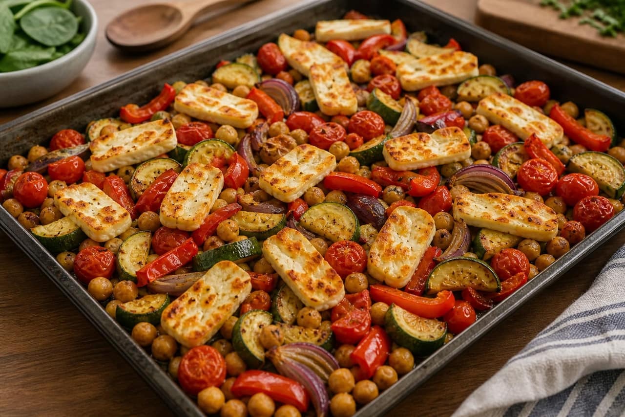 Golden Halloumi Chickpea Traybake with Lemon Couscous cooking step 3: Add the halloumi.