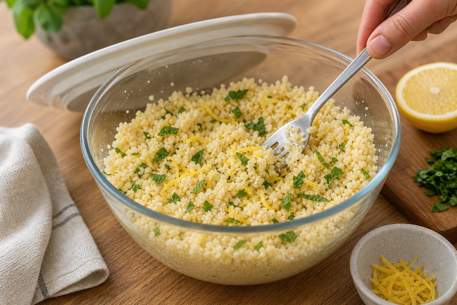 Golden Halloumi Chickpea Traybake with Lemon Couscous cooking step 4: Soak the couscous.
