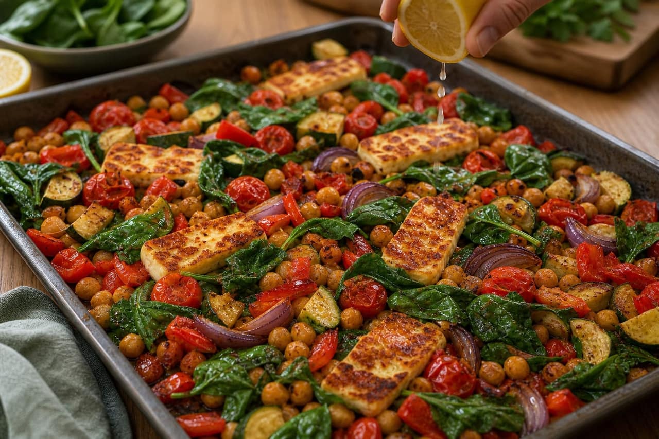 Golden Halloumi Chickpea Traybake with Lemon Couscous cooking step 5: Wilt the spinach.
