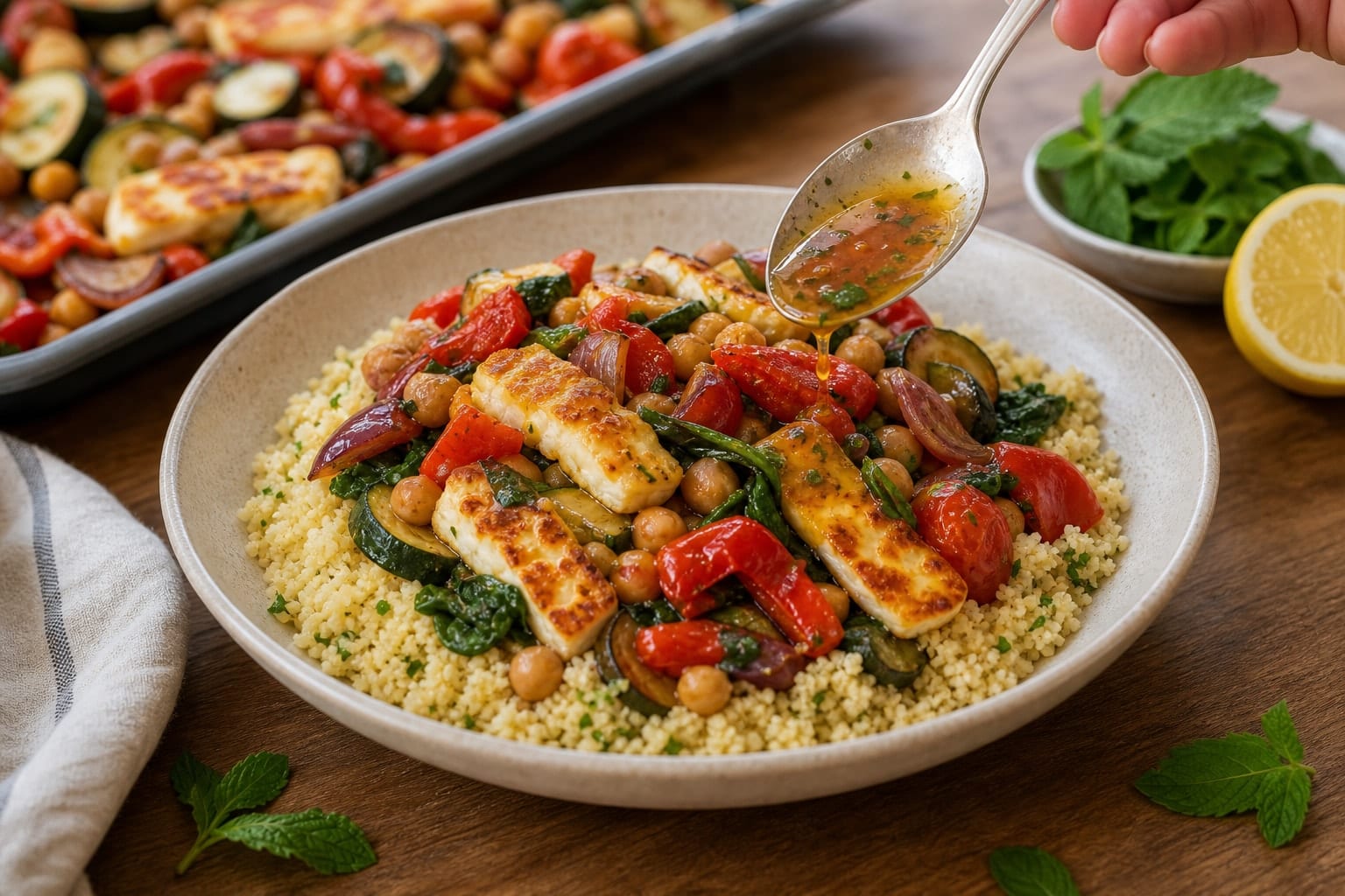 Golden Halloumi Chickpea Traybake with Lemon Couscous cooking step 6: Serve with couscous.