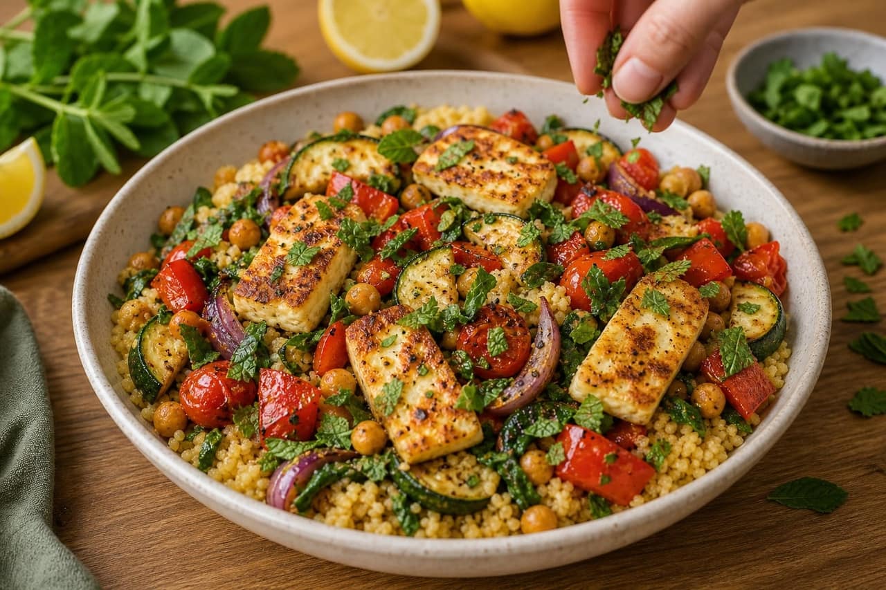 Golden Halloumi Chickpea Traybake with Lemon Couscous cooking step 7: Finish with mint.