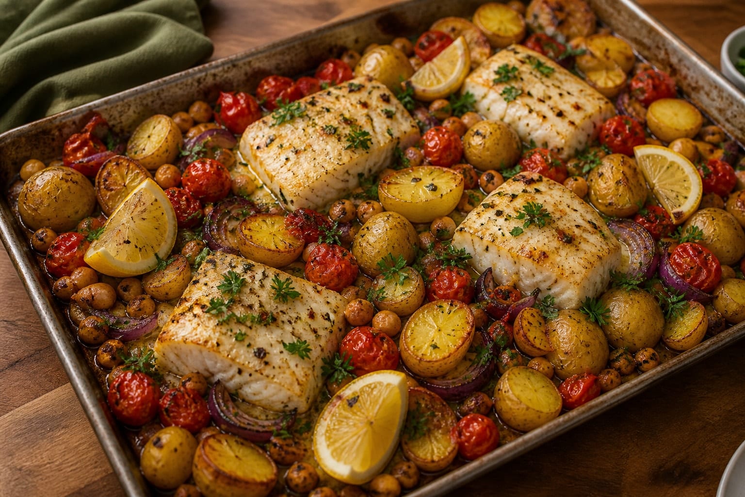 Halloumi Pepper Gnocchi Traybake with Basil Pesto plated and ready to serve.