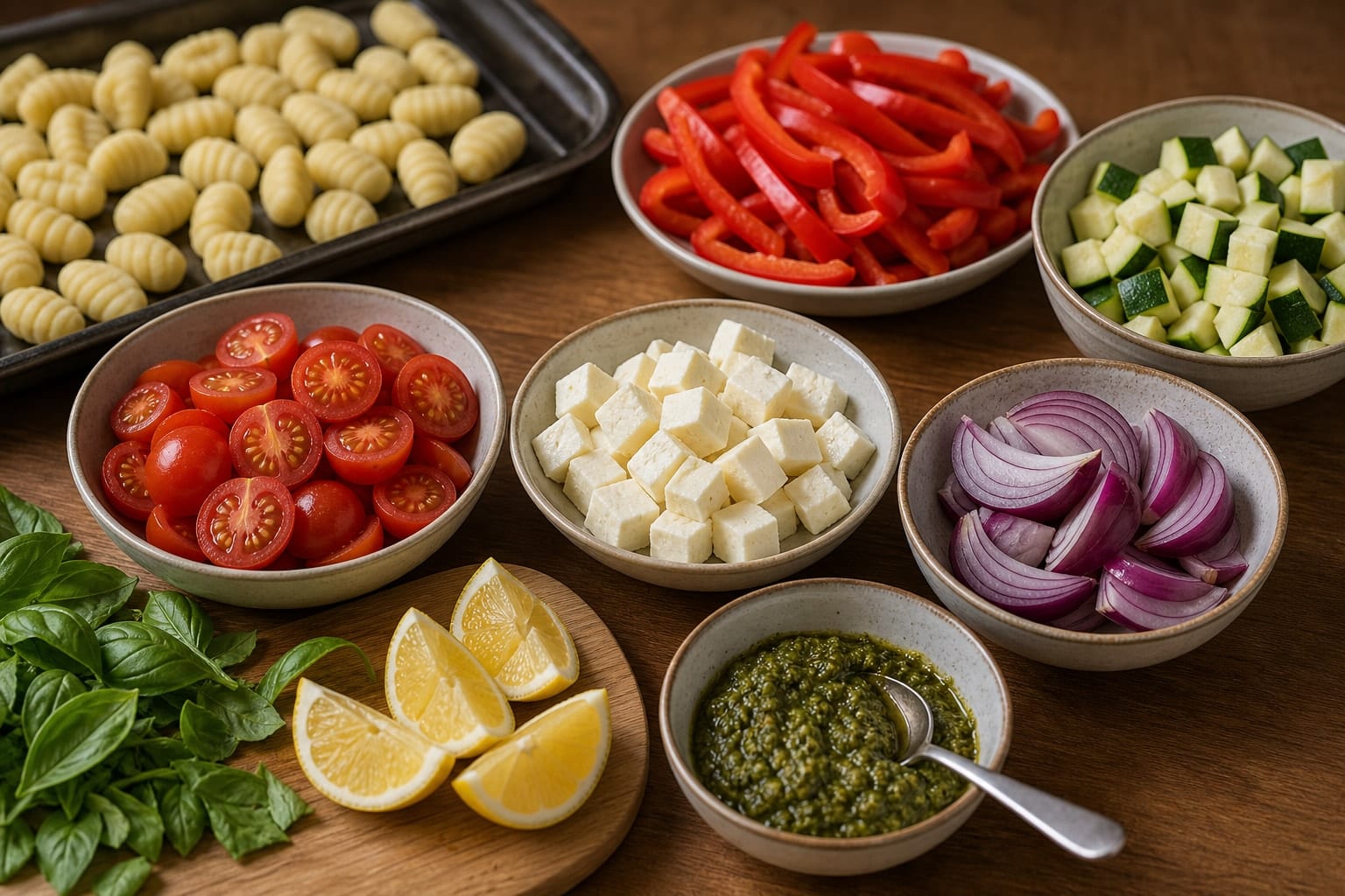 Halloumi Pepper Gnocchi Traybake with Basil Pesto cooking step 1: Prepare the tray.