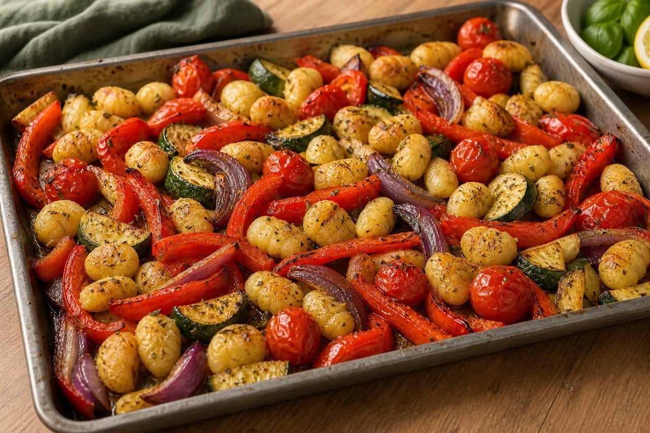 Halloumi Pepper Gnocchi Traybake with Basil Pesto cooking step 2: Roast the vegetables and gnocchi.
