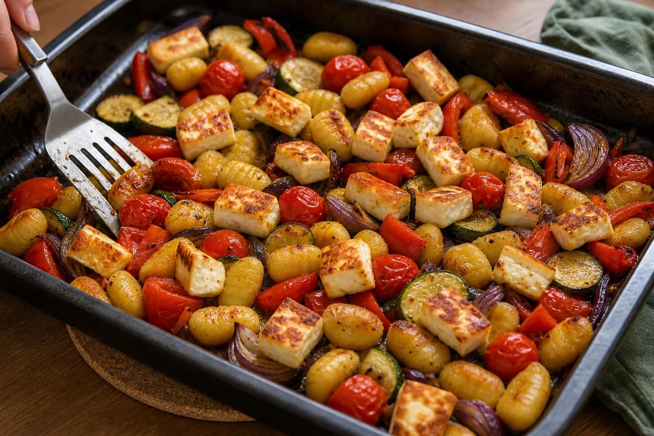 Halloumi Pepper Gnocchi Traybake with Basil Pesto cooking step 3: Add the halloumi.