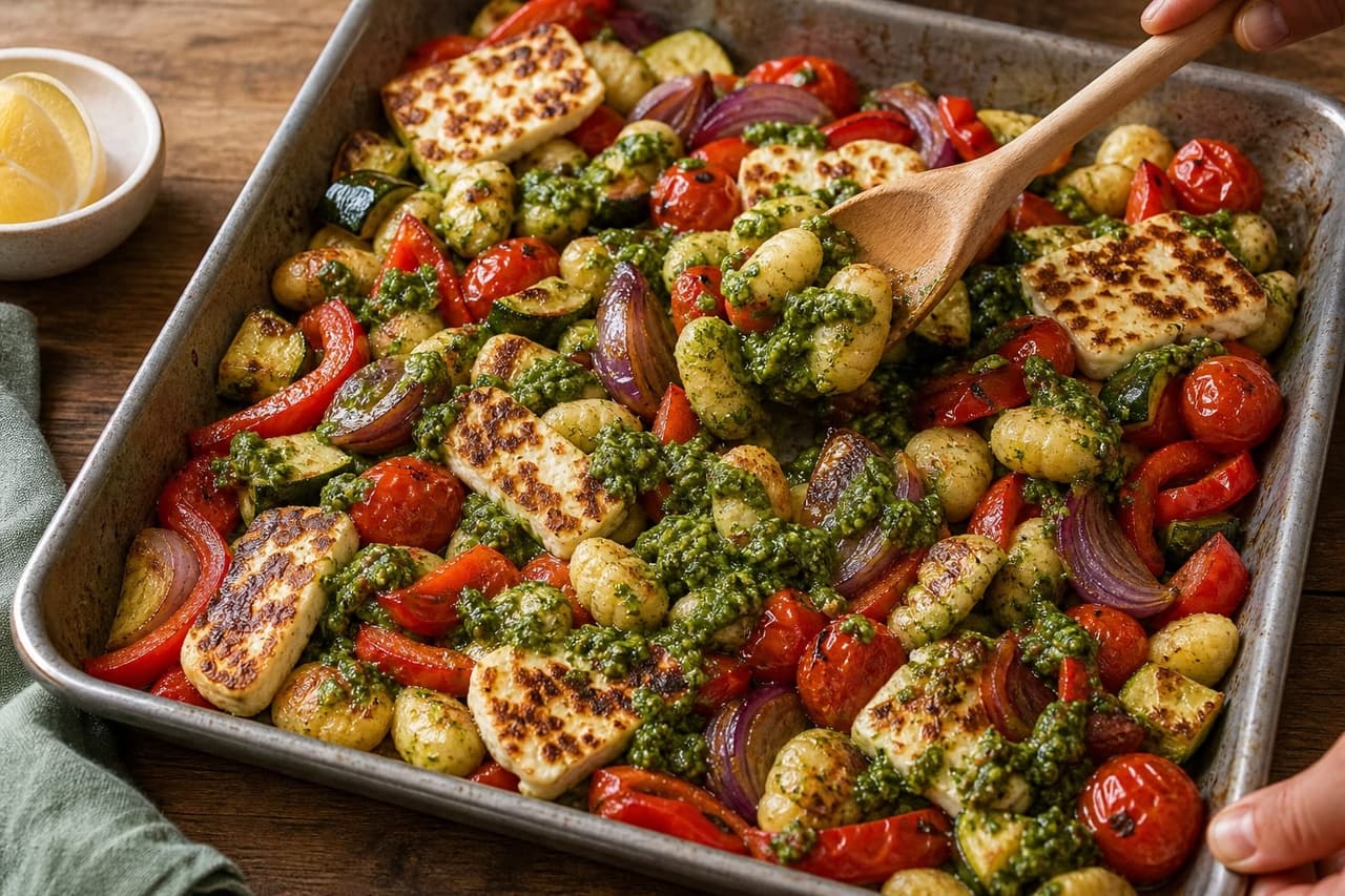 Halloumi Pepper Gnocchi Traybake with Basil Pesto cooking step 4: Gloss with pesto.