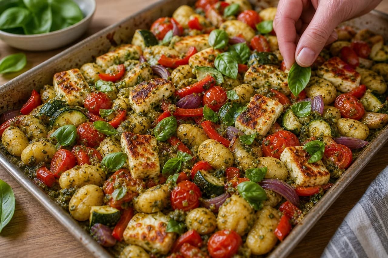 Halloumi Pepper Gnocchi Traybake with Basil Pesto cooking step 5: Add basil.