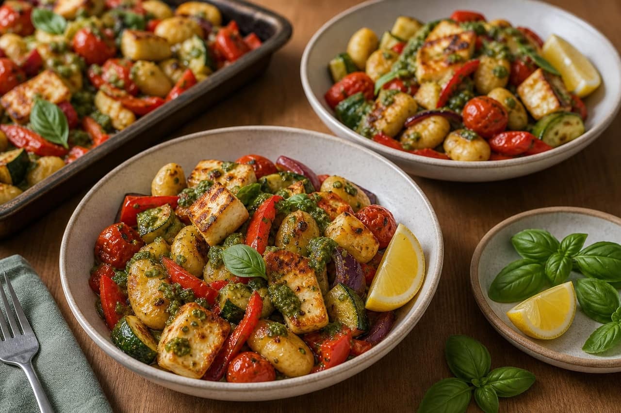 Halloumi Pepper Gnocchi Traybake with Basil Pesto cooking step 6: Serve the traybake.