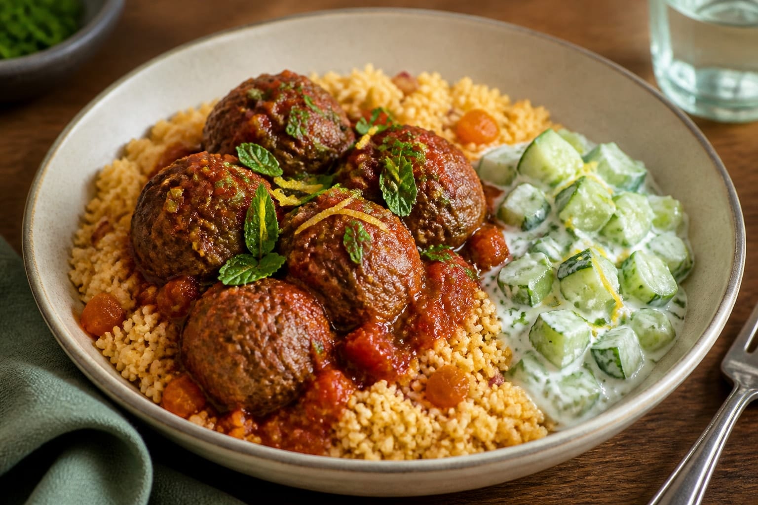 Harissa Beef Meatball Couscous with Cucumber Yoghurt plated and ready to serve.