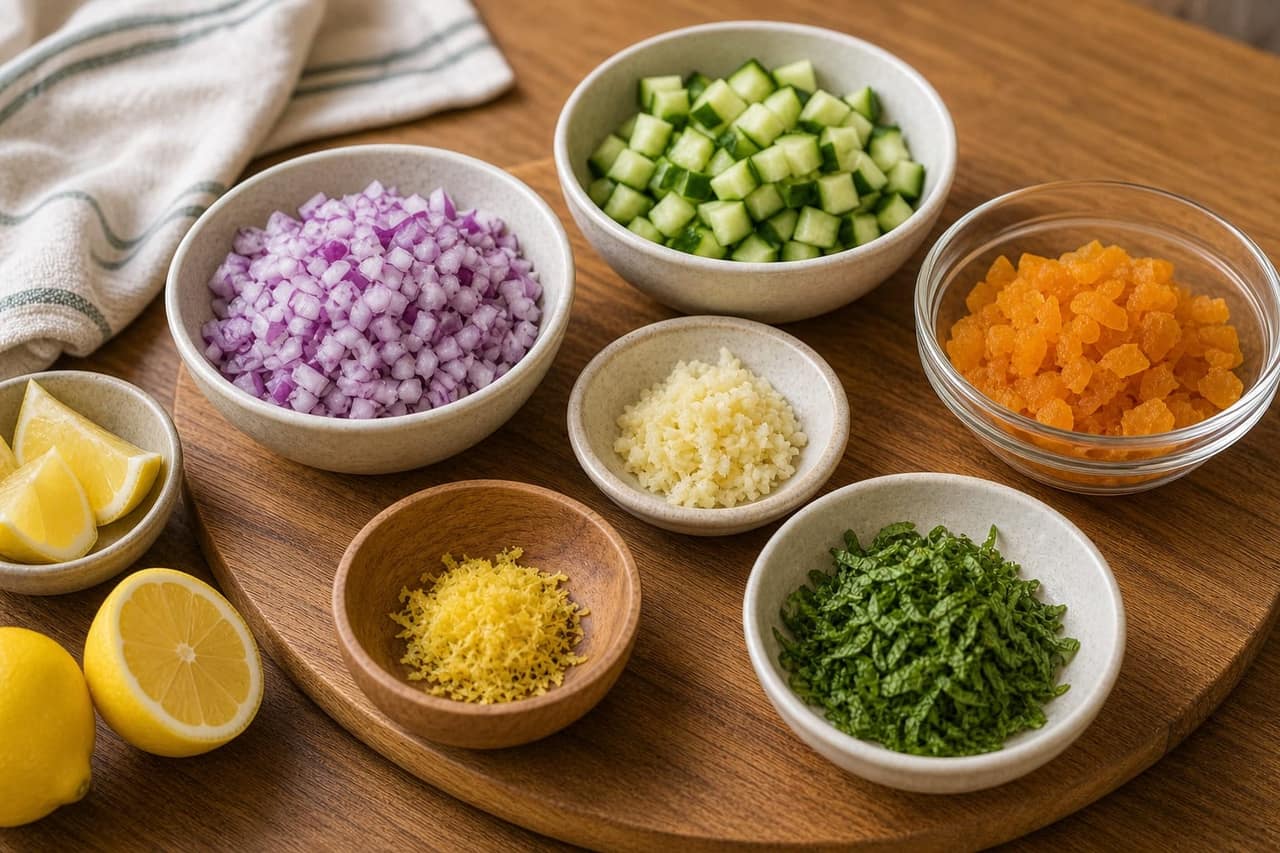 Harissa Beef Meatball Couscous with Cucumber Yoghurt cooking step 1: Prep the flavourings.