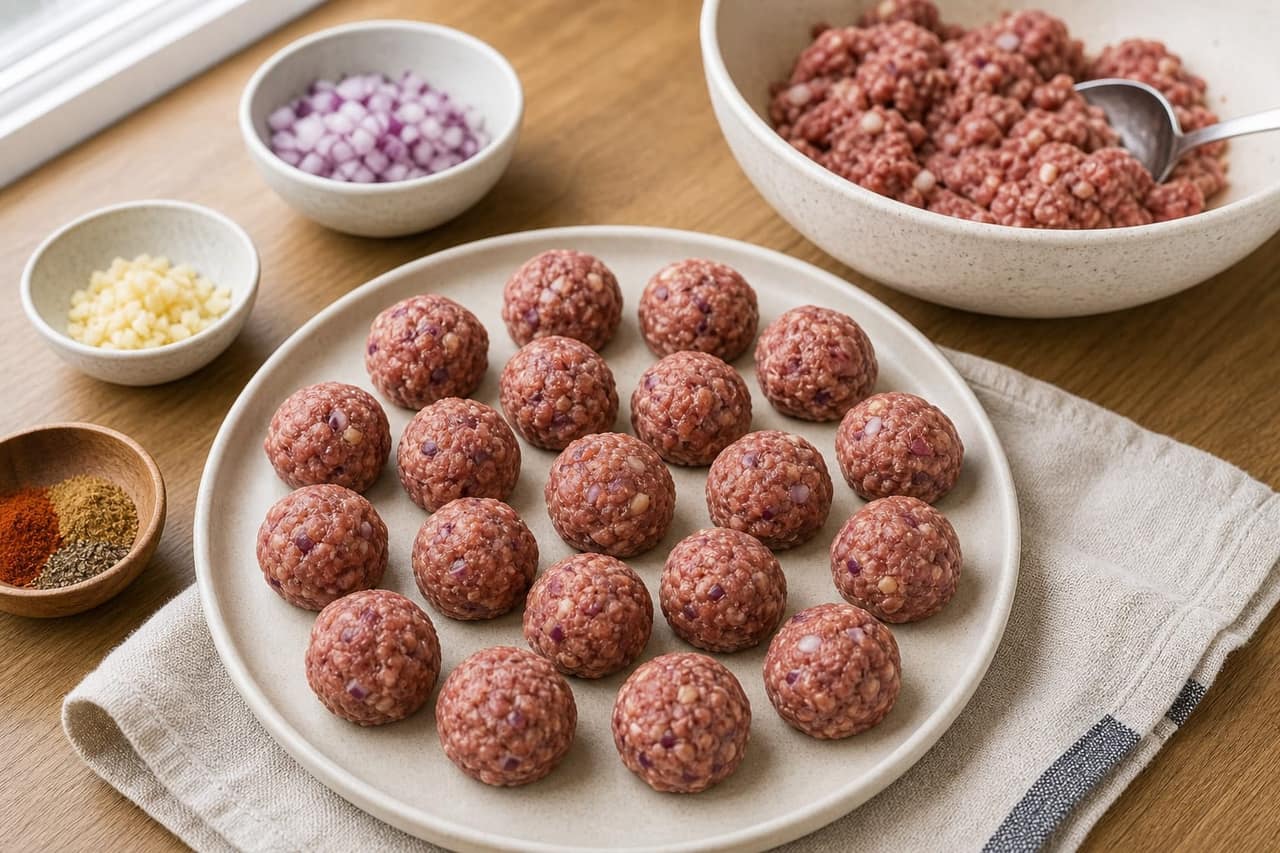 Harissa Beef Meatball Couscous with Cucumber Yoghurt cooking step 2: Shape the meatballs.