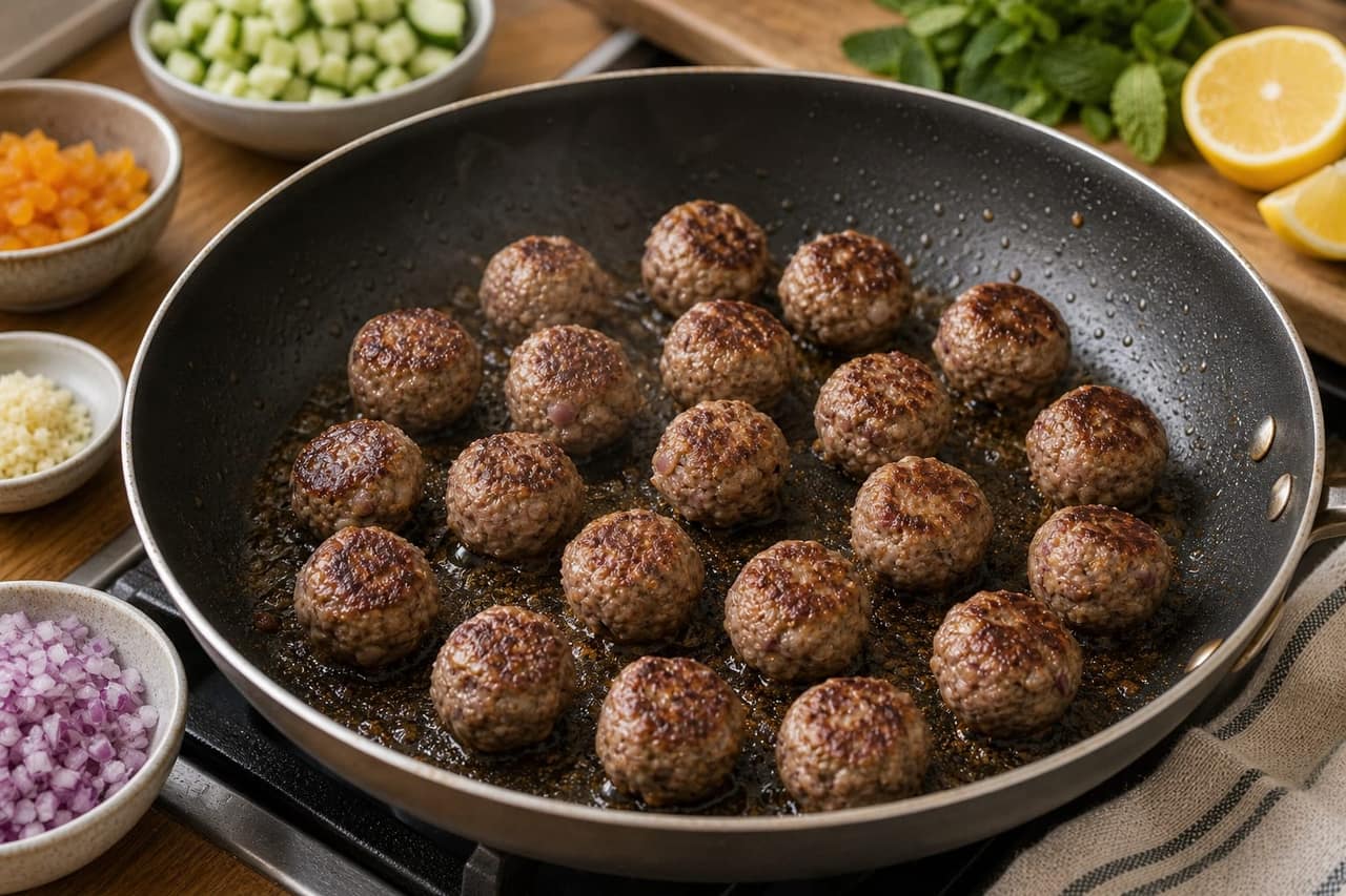 Harissa Beef Meatball Couscous with Cucumber Yoghurt cooking step 3: Brown the meatballs.
