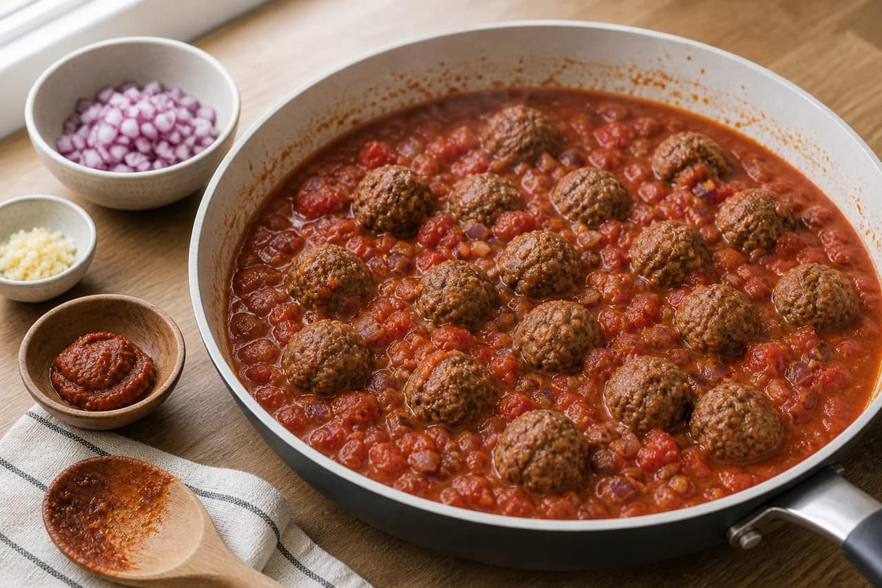 Harissa Beef Meatball Couscous with Cucumber Yoghurt cooking step 4: Simmer with harissa.