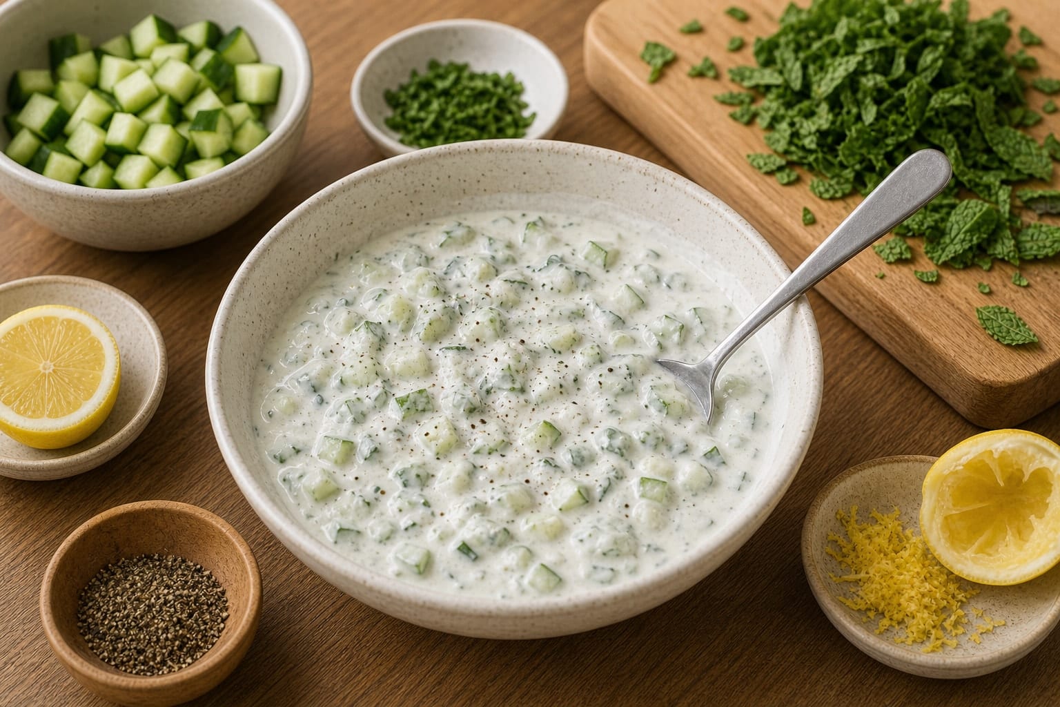 Harissa Beef Meatball Couscous with Cucumber Yoghurt cooking step 6: Make cucumber yoghurt.