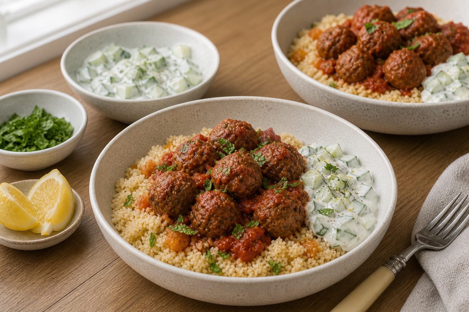 Harissa Beef Meatball Couscous with Cucumber Yoghurt cooking step 7: Serve the couscous.