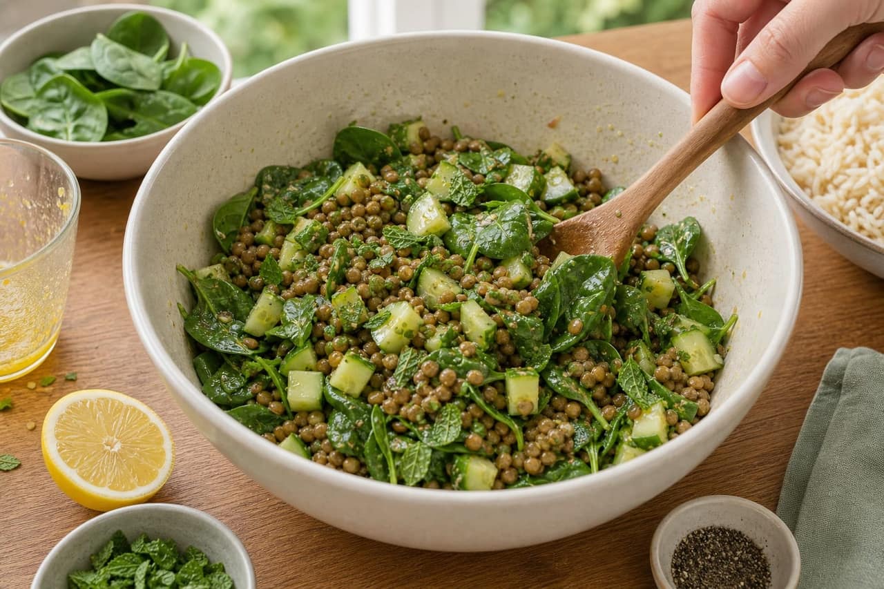 Harissa Carrot Lentil Rice Boxes with Mint and Cucumber cooking step 4: Dress the lentils.