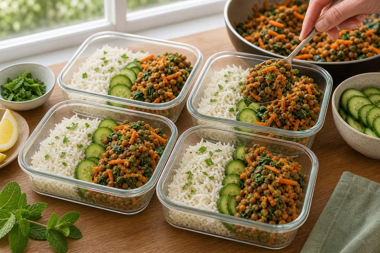 Harissa Carrot Lentil Rice Boxes with Mint and Cucumber cooking step 5: Build the rice boxes.