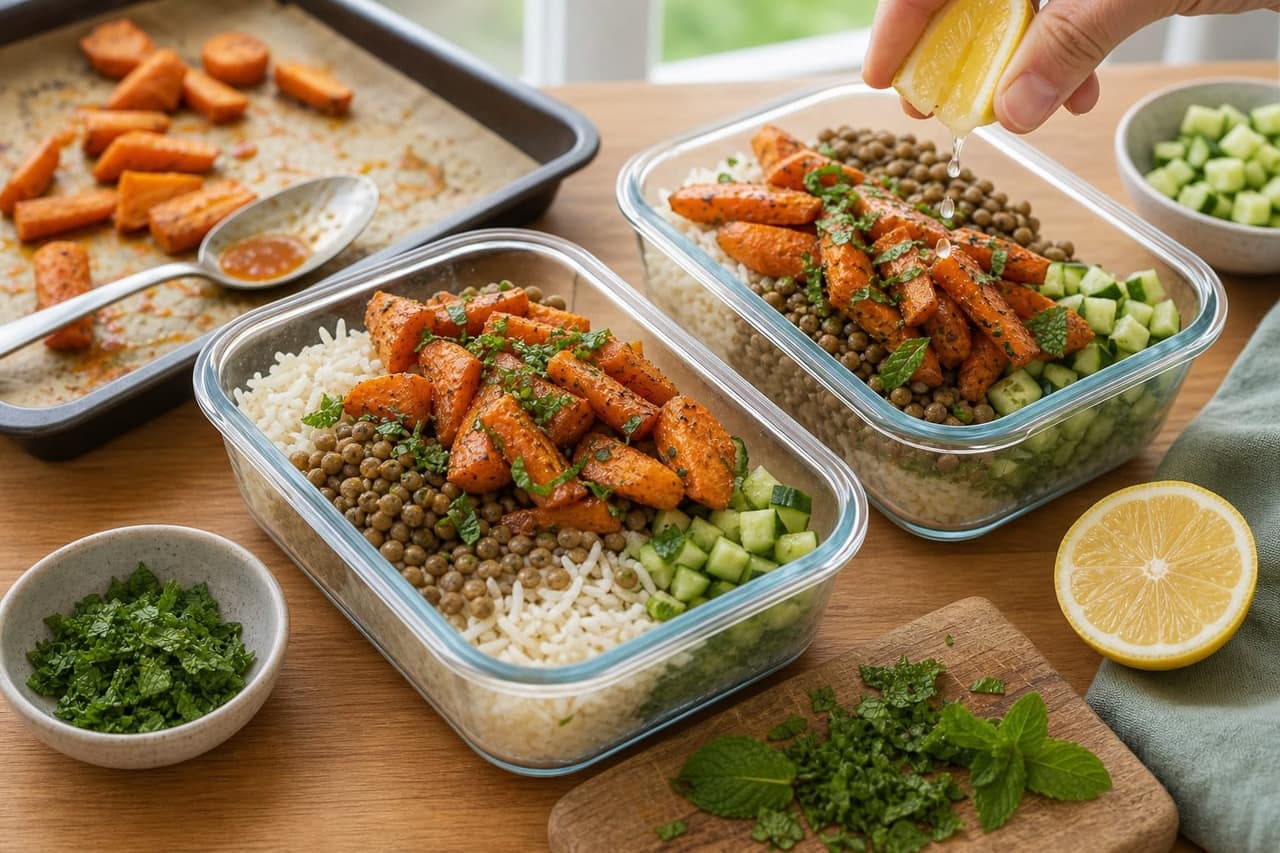 Harissa Carrot Lentil Rice Boxes with Mint and Cucumber cooking step 6: Finish with carrots and mint.