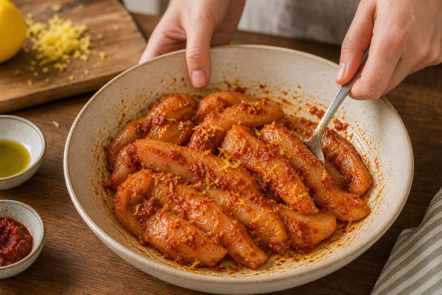Harissa Chicken Carrot Couscous with Mint Yoghurt cooking step 2: Season the chicken.