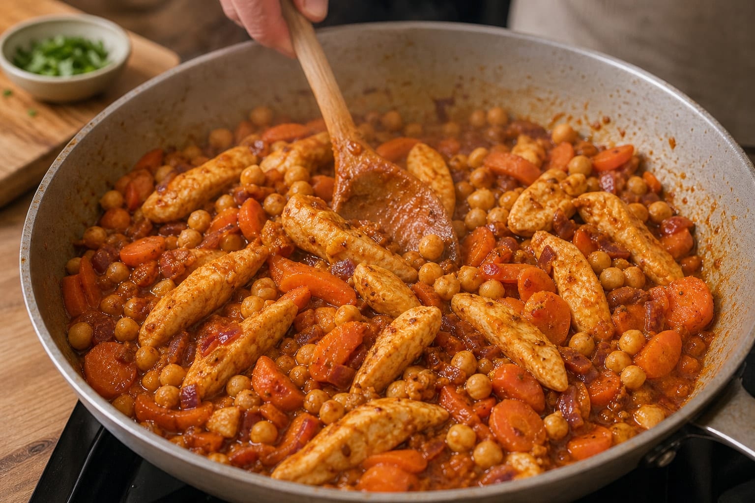 Harissa Chicken Carrot Couscous with Mint Yoghurt cooking step 4: Add chickpeas.