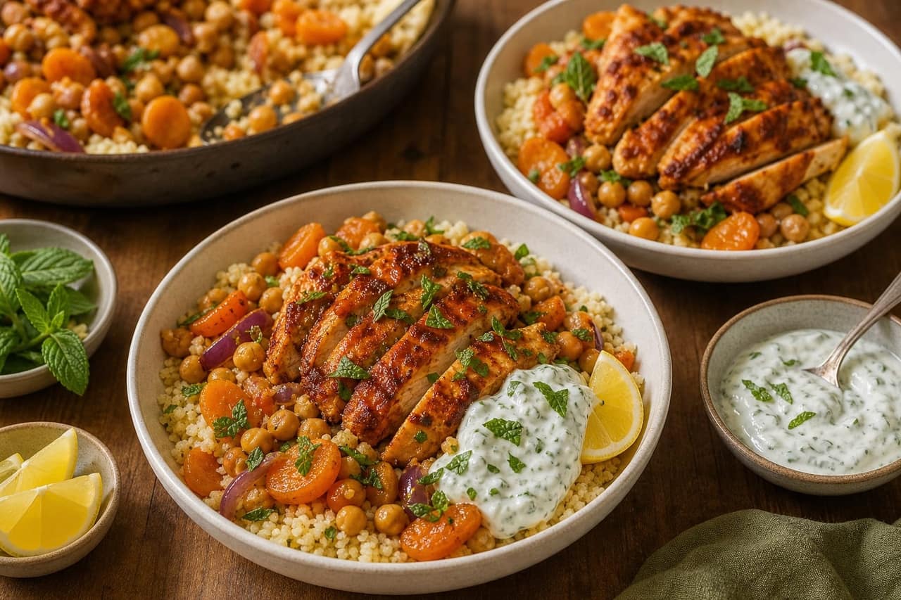 Harissa Chicken Carrot Couscous with Mint Yoghurt cooking step 6: Finish with mint yoghurt.