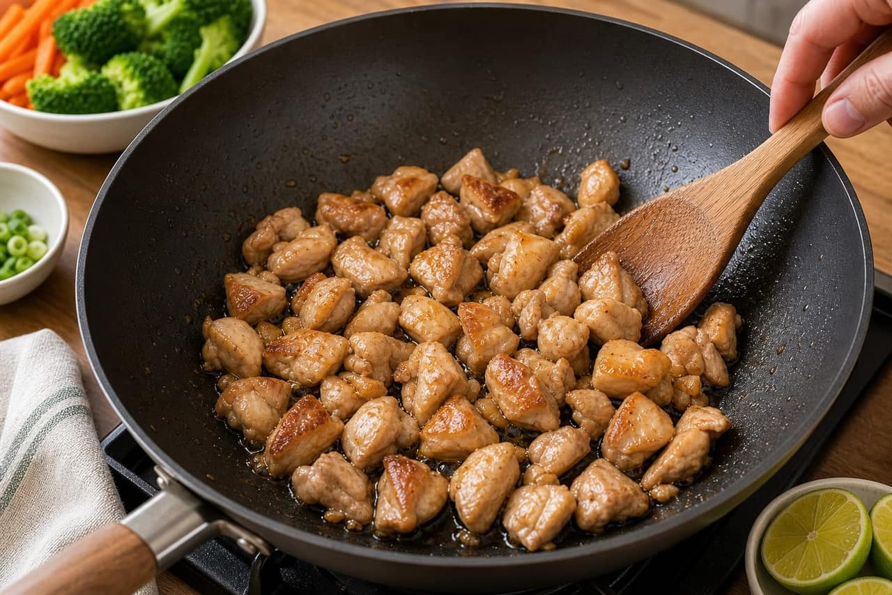 Honey Soy Chicken Noodles with Broccoli and Lime cooking step 4: Sear the chicken.
