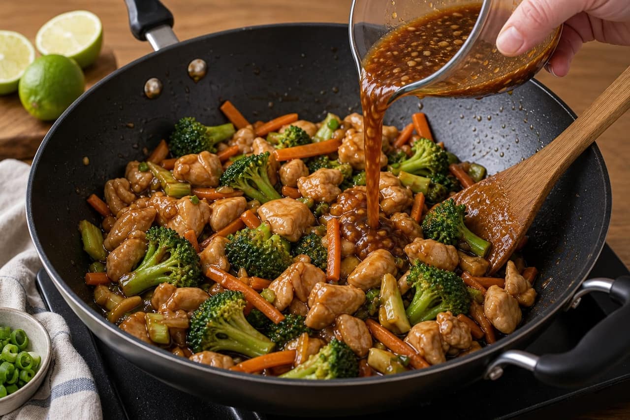 Honey Soy Chicken Noodles with Broccoli and Lime cooking step 6: Glaze with sauce.
