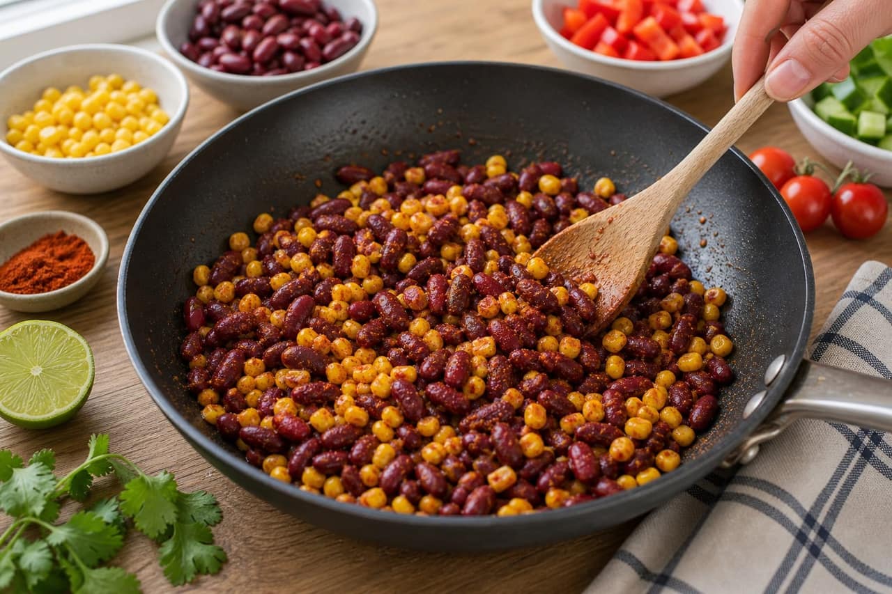 Kidney Bean Corn Taco Rice Boxes with Lime and Coriander cooking step 2: Warm the beans.