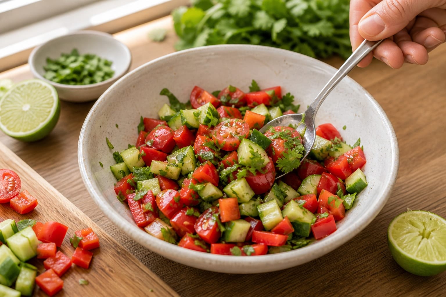 Kidney Bean Corn Taco Rice Boxes with Lime and Coriander cooking step 4: Make the crunchy salsa.