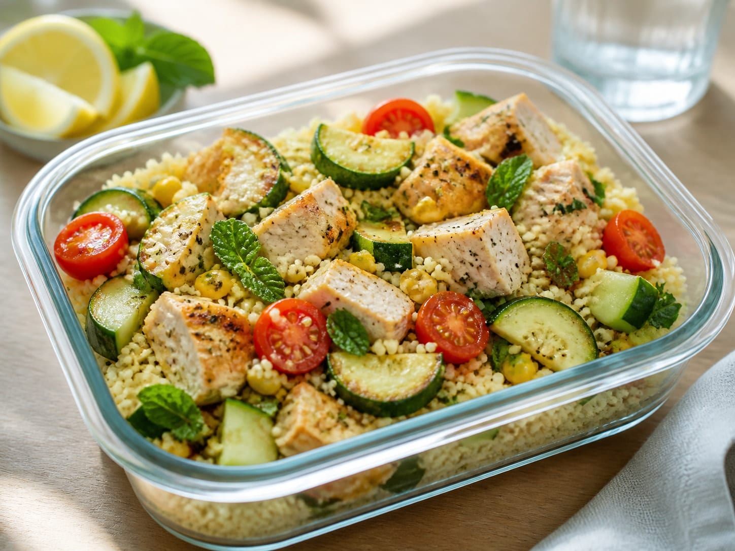 Lemon Chicken Courgette Couscous Boxes with Mint plated and ready to serve.